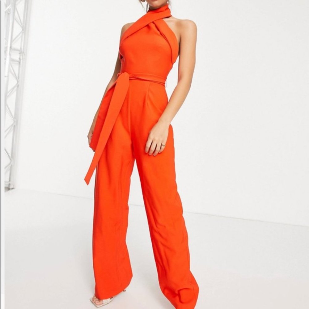 New ASOS Red/Orange Twist Halter Belted Jumpsuit, Size UK 8/ US 4